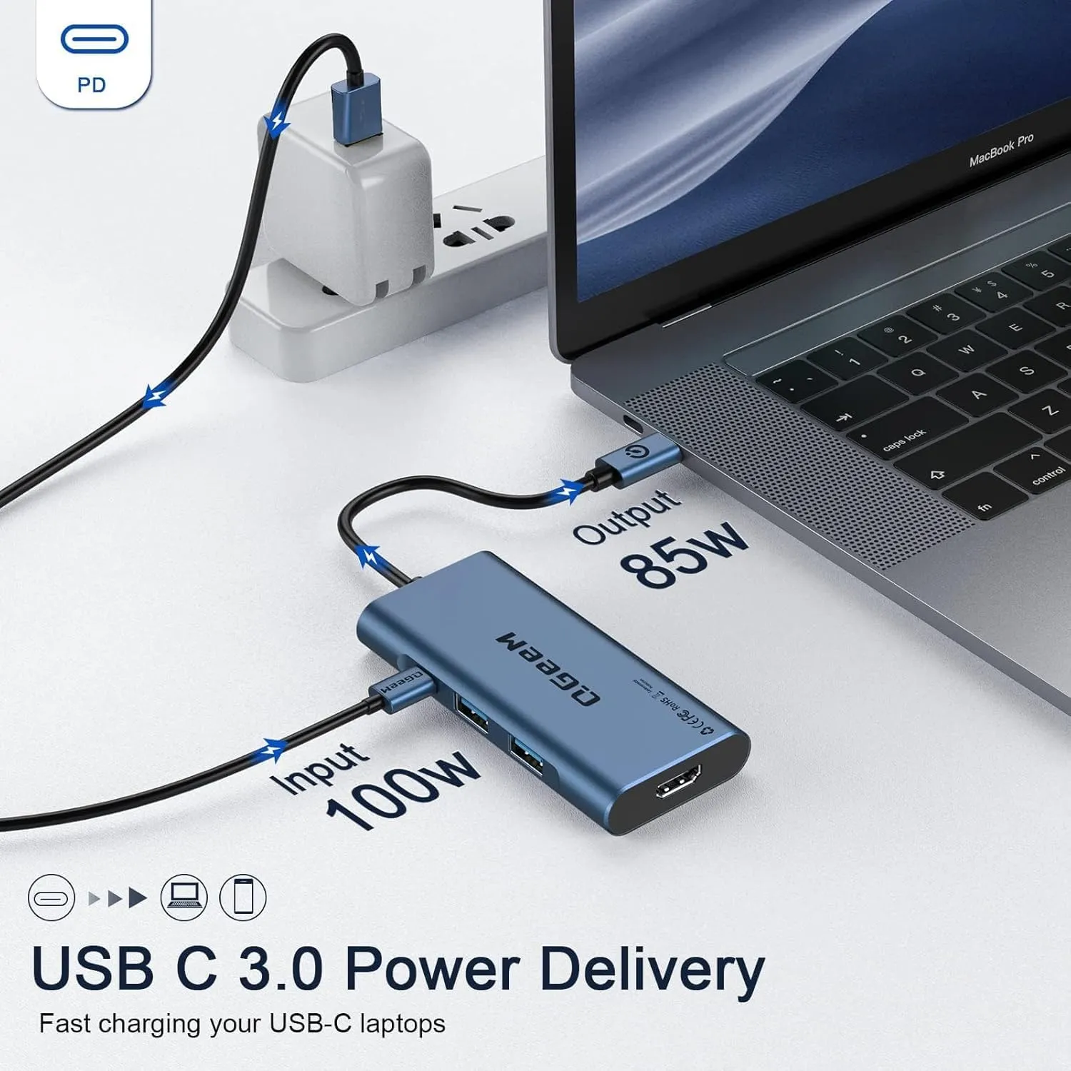 USB C Hub, QGeeM USB C 4k HDMI Adapter,7 in 1 Type C Dongle with 100W PD,USB 3.0, Card Reader, Compatible for MacBook iPhone 15/16 Ipad Pro max,Chromebook Laptop Dock-Blue