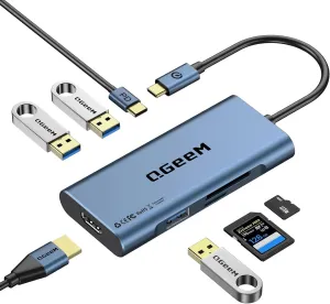 USB C Hub, QGeeM USB C 4k HDMI Adapter,7 in 1 Type C Dongle with 100W PD,USB 3.0, Card Reader, Compatible for MacBook iPhone 15/16 Ipad Pro max,Chromebook Laptop Dock-Blue