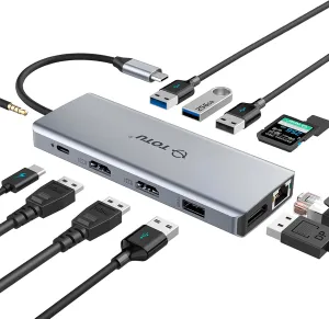 USB C HUB, Upgraded TOTU 13 in 1 Type C Hub Dongle Adapter (4K Dual HDMI&DP,75W PD), Triple Display Docking Station for Windows&MacBook Pro USB C Systems, macOS only Support Mirror Display