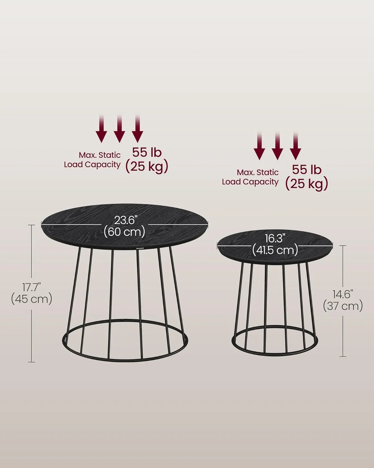 VASAGLE Round Coffee Tables, Set of 2, Modern Circle Side Tables with Steel Frame, for Living Room, Bedroom, Ebony Black ULCT045B56