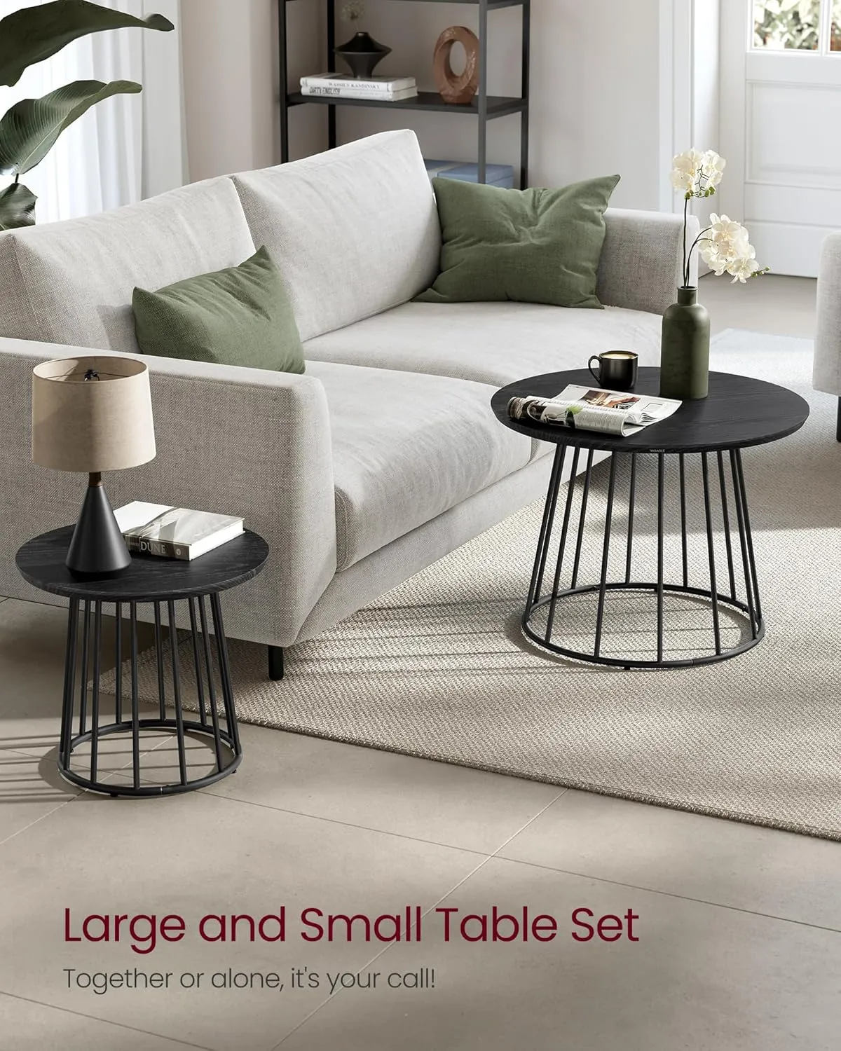 VASAGLE Round Coffee Tables, Set of 2, Modern Circle Side Tables with Steel Frame, for Living Room, Bedroom, Ebony Black ULCT045B56