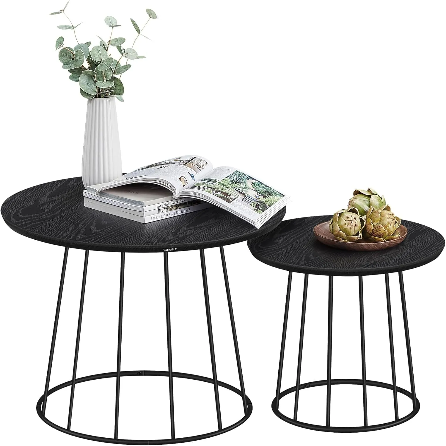 VASAGLE Round Coffee Tables, Set of 2, Modern Circle Side Tables with Steel Frame, for Living Room, Bedroom, Ebony Black ULCT045B56