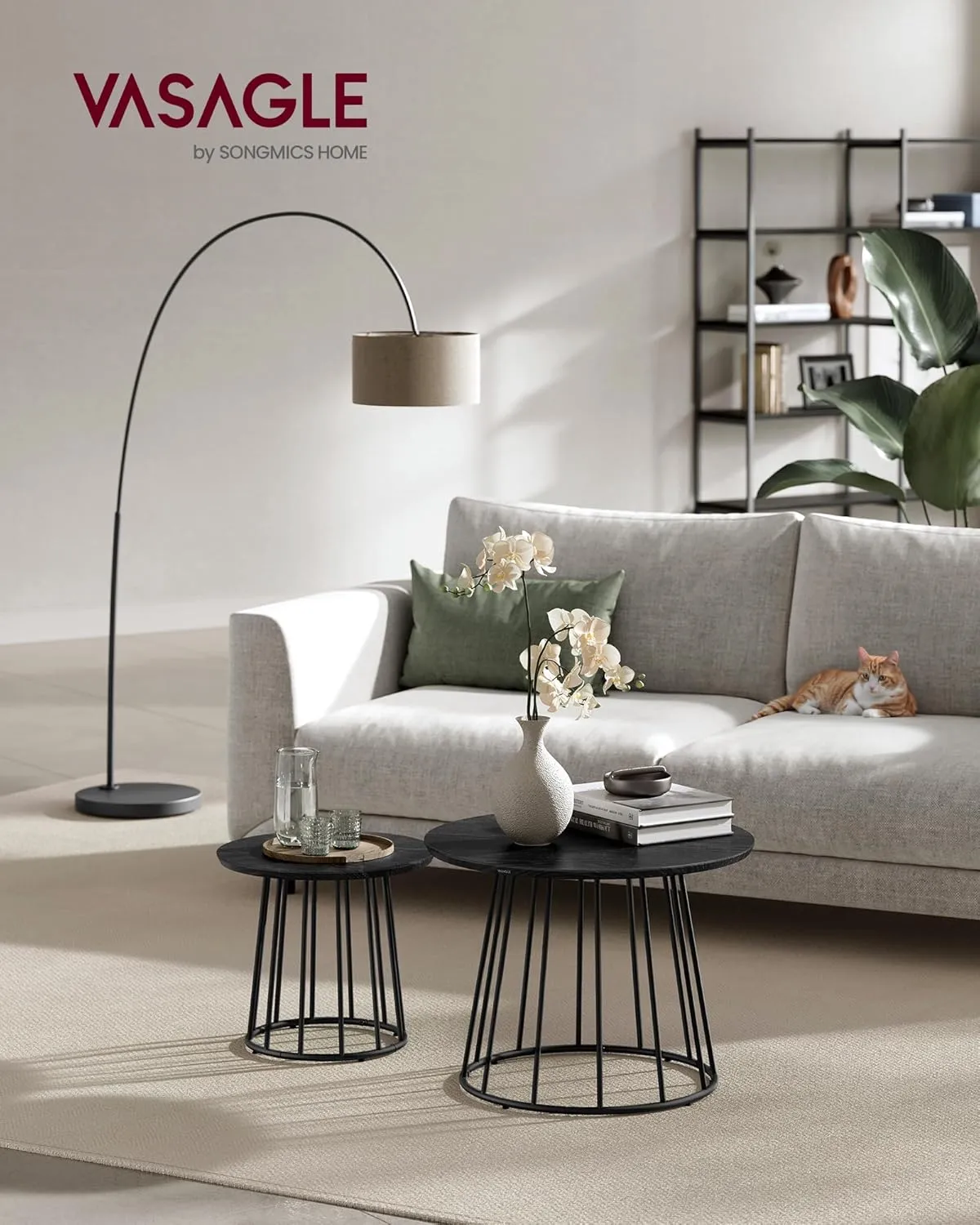 VASAGLE Round Coffee Tables, Set of 2, Modern Circle Side Tables with Steel Frame, for Living Room, Bedroom, Ebony Black ULCT045B56