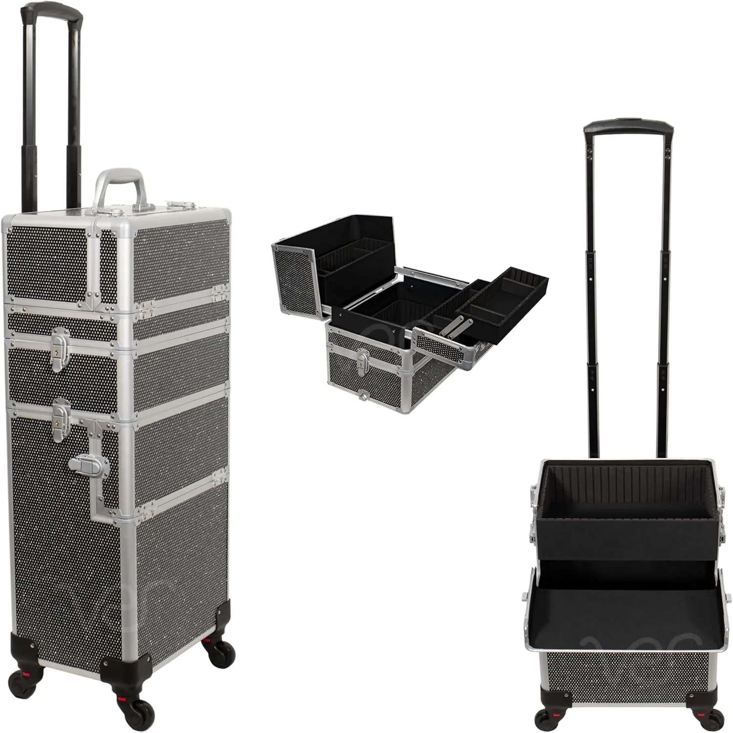 Ver Beauty 6 in 1 Professional Rolling Makeup Hairstylist Travel Case Cosmetic Organizer Storage with 4 Wheels and Extra Lid (Black Crystal)
