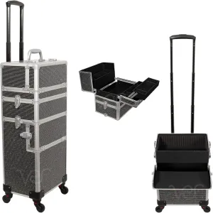 Ver Beauty 6 in 1 Professional Rolling Makeup Hairstylist Travel Case Cosmetic Organizer Storage with 4 Wheels and Extra Lid (Black Crystal)
