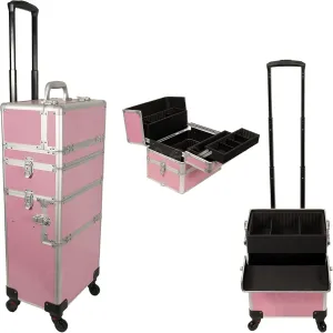 Ver Beauty 6 in 1 Professional Rolling Makeup Hairstylist Travel Case Cosmetic Organizer Storage with 4 Wheels and Extra Lid (Pink Stripe)