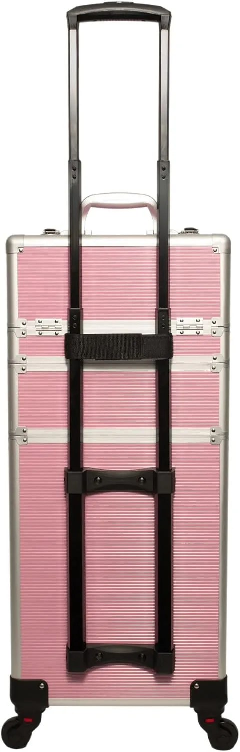 Ver Beauty 6 in 1 Professional Rolling Makeup Hairstylist Travel Case Cosmetic Organizer Storage with 4 Wheels and Extra Lid (Pink Stripe)