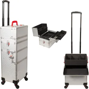 Ver Beauty 6 in 1 Professional Rolling Makeup Hairstylist Travel Case Cosmetic Organizer Storage with 4 Wheels and Extra Lid (Silver Stripe)