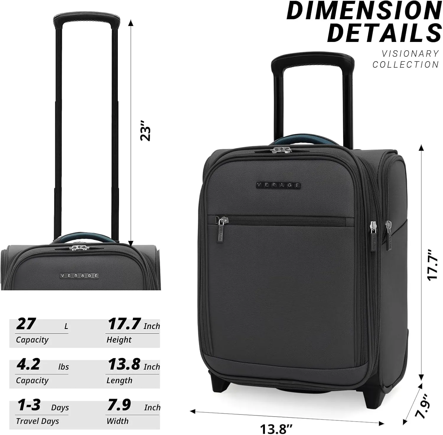 Verage 16 inch Underseat Carry On Luggage with Wheels, Grey Softside Small Suitcase Spinner Wheeled Rolling Travel Laptop Bag for Airlines Airplanes Short Trip Men Women