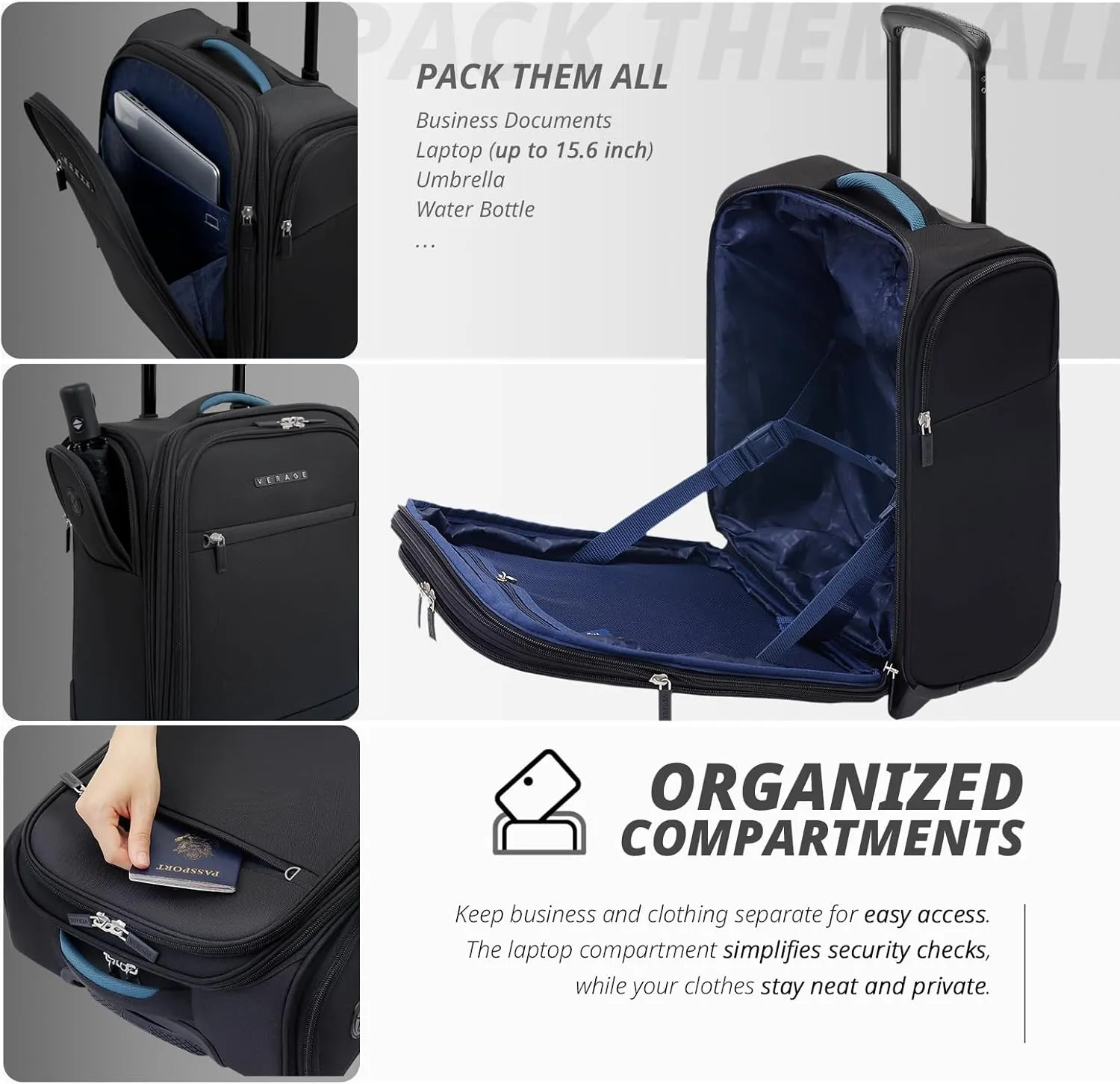 Verage 16 inch Underseat Carry On Luggage with Wheels, Grey Softside Small Suitcase Spinner Wheeled Rolling Travel Laptop Bag for Airlines Airplanes Short Trip Men Women