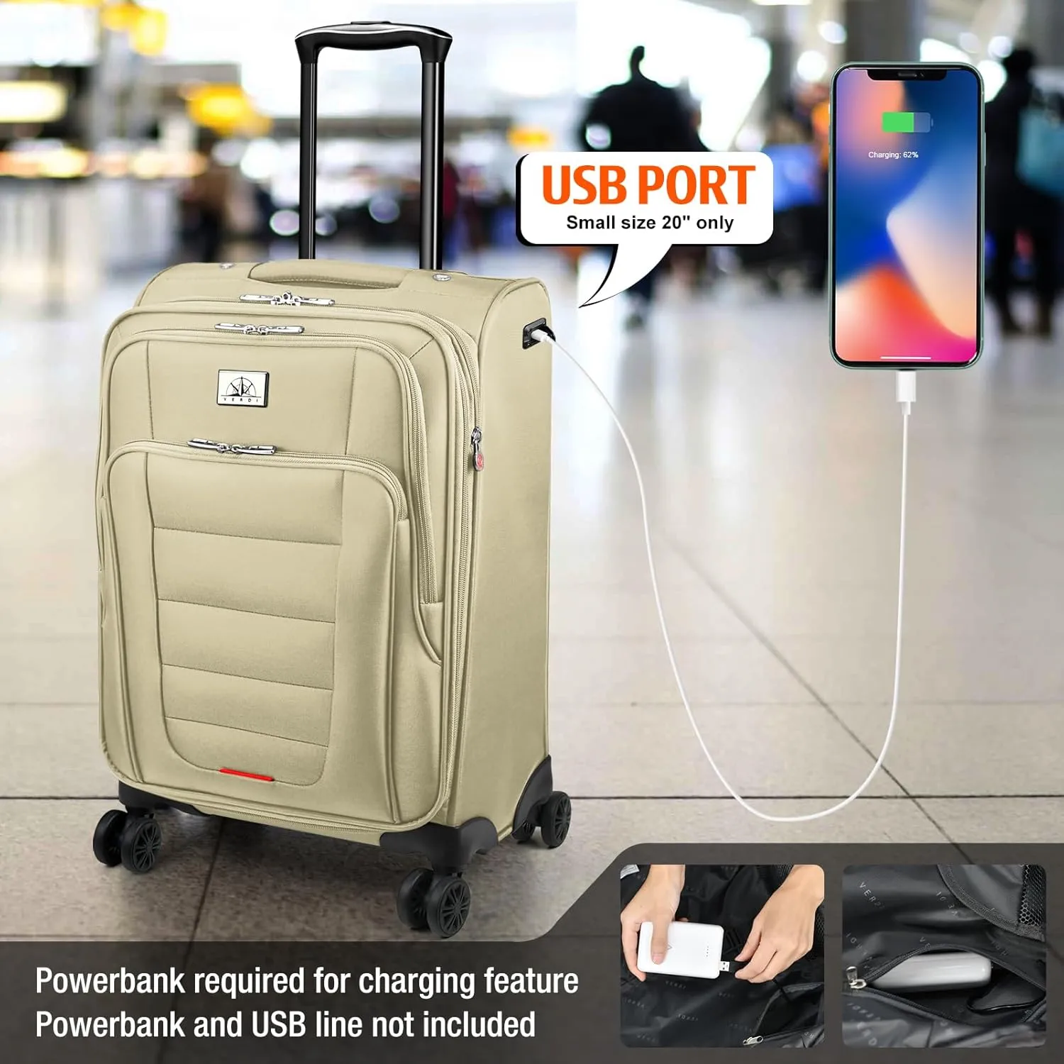 Verdi Softside Expandable Carry-On Luggage with Spinner Wheel USB Port Lightweight (Khaki, 20-Inch Carry-On)