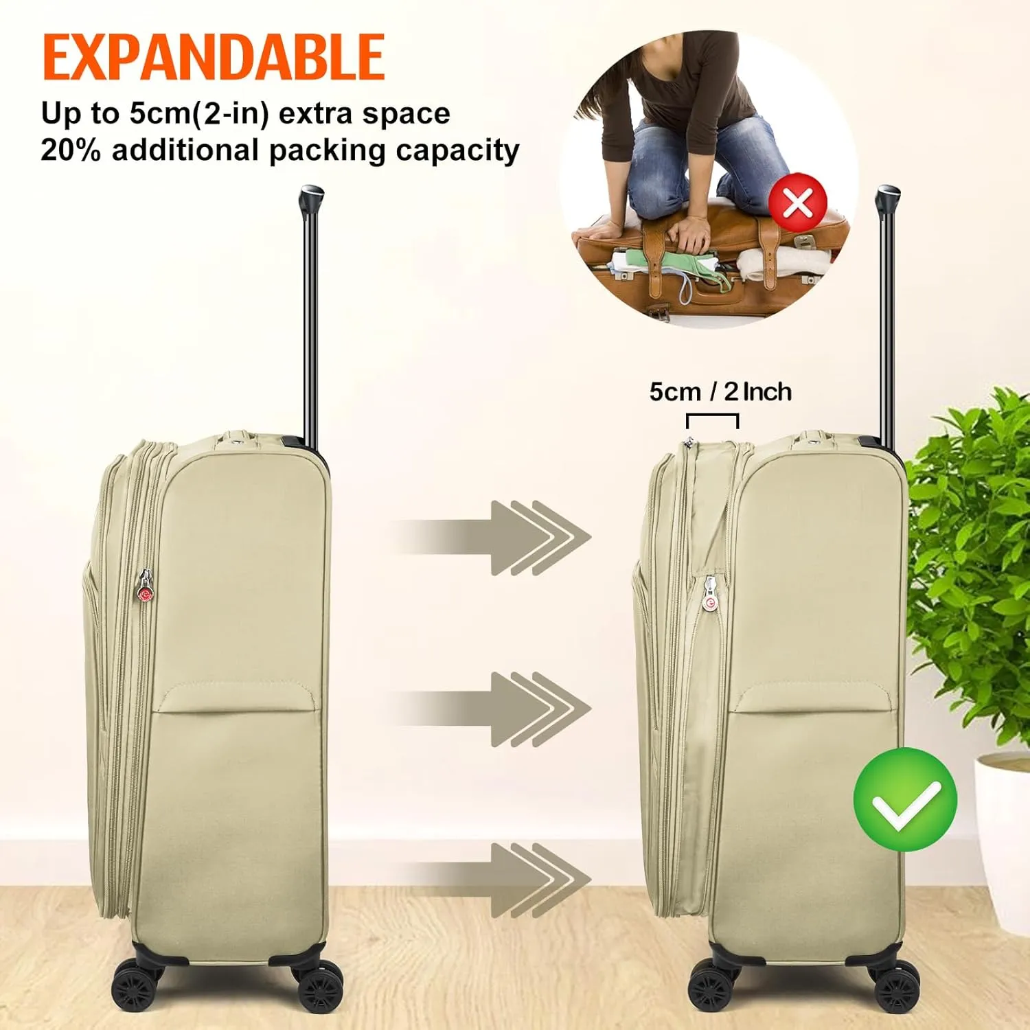 Verdi Softside Expandable Carry-On Luggage with Spinner Wheel USB Port Lightweight (Khaki, 20-Inch Carry-On)
