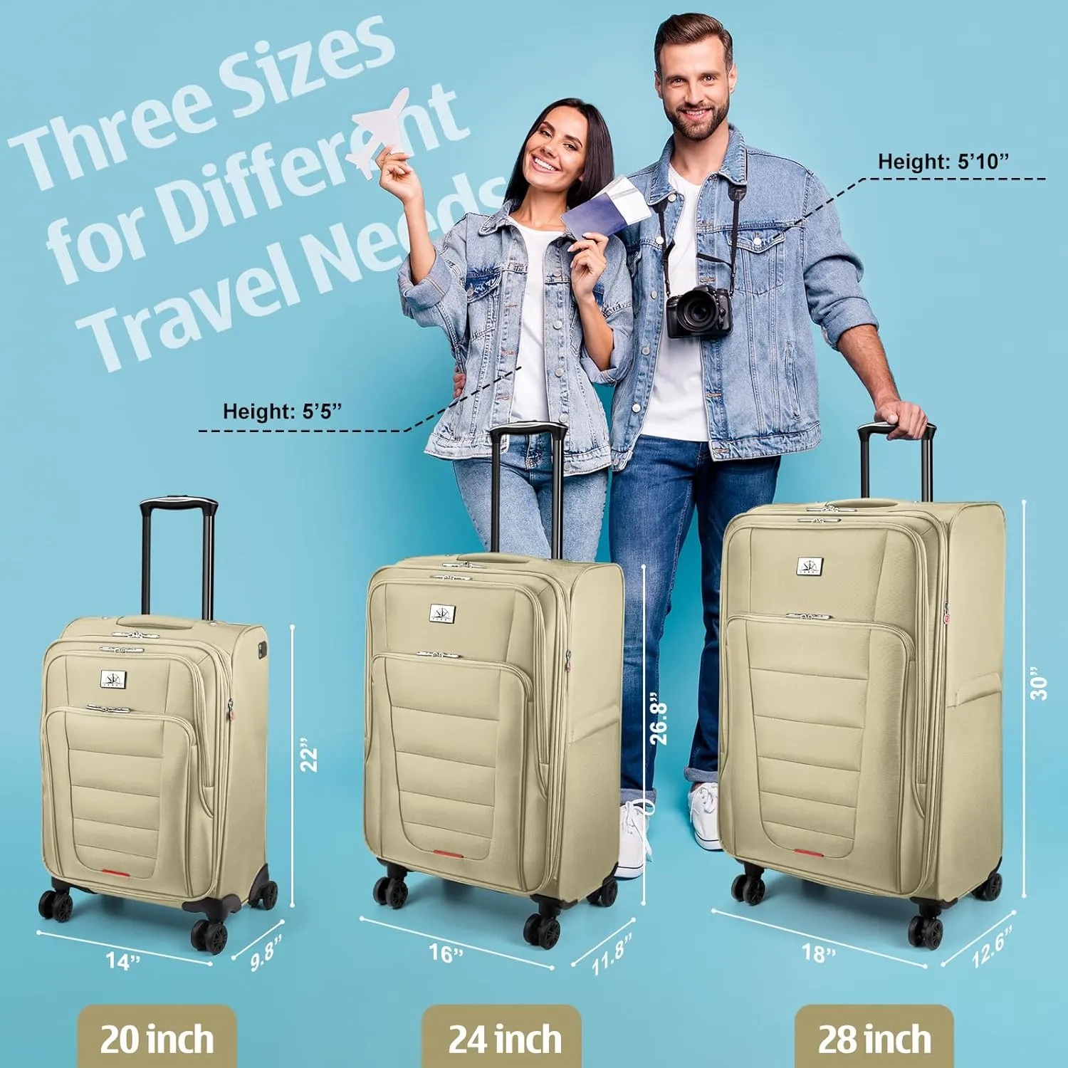 Verdi Softside Expandable Carry-On Luggage with Spinner Wheel USB Port Lightweight (Khaki, 20-Inch Carry-On)