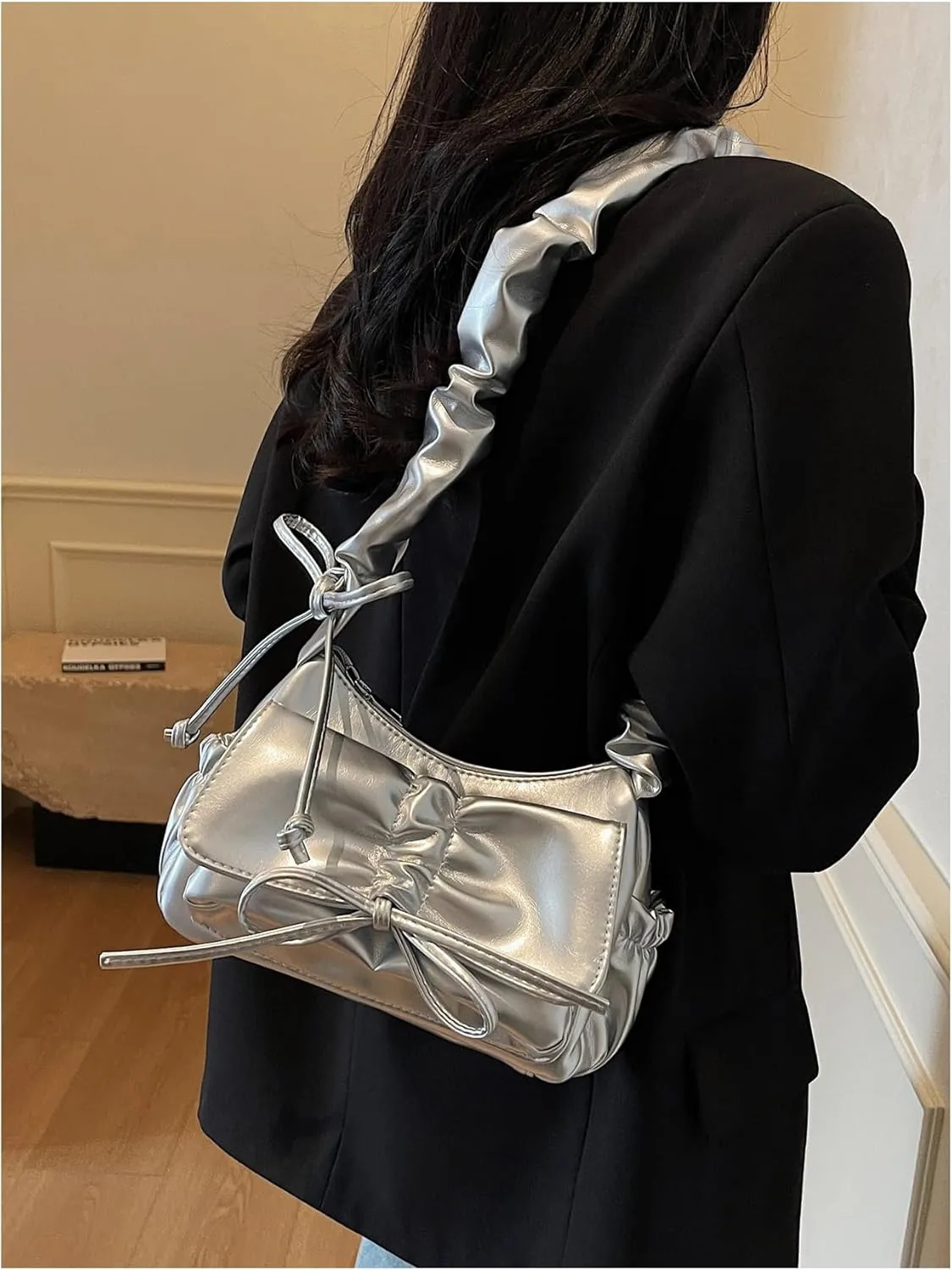 Verdusa Women's Vintage Bow Crossbody Bags PU Leather Ruched Zipper Shoulder Handbags