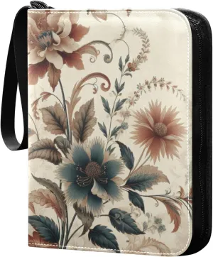 Vintage Botanical Retro Flowers Card Binder 4 Pocket Trading Card Album Fits 400 Sports/Game Cards, PU Cover 3 Ring Card Collection with 50 Removable Sleeves