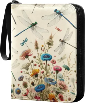 Vintage Dragonflies Flowers Card Binder 4 Pocket Trading Card Album Fits 400 Sports/Game Cards, PU Cover 3 Ring Card Collection with 50 Removable Sleeves