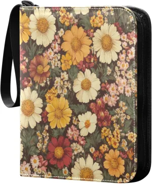 Vintage Flowers Colorful Cards Binder 4 Pocket Fits 400 Cards with 50 Removable Sleevesves, Trading Card Collector Zipper Album Holder Portable Card Games Display Storage Cases
