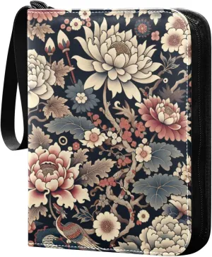 Vintage Lotus Flowers Card Binder 4 Pocket Trading Card Album Fits 400 Sports/Game Cards, PU Cover 3 Ring Card Collection with 50 Removable Sleeves