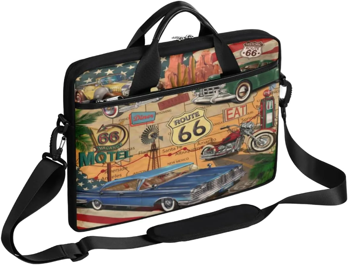 Vintage Route 66 Theme Laptop Shoulder Bag for Men Women Slim Briefcase Messenger Bag Waterproof 14 Inch 15 Inch Laptop Bag Carrying Case Fit 14-15.6 Inch Notebook Computer Tablet