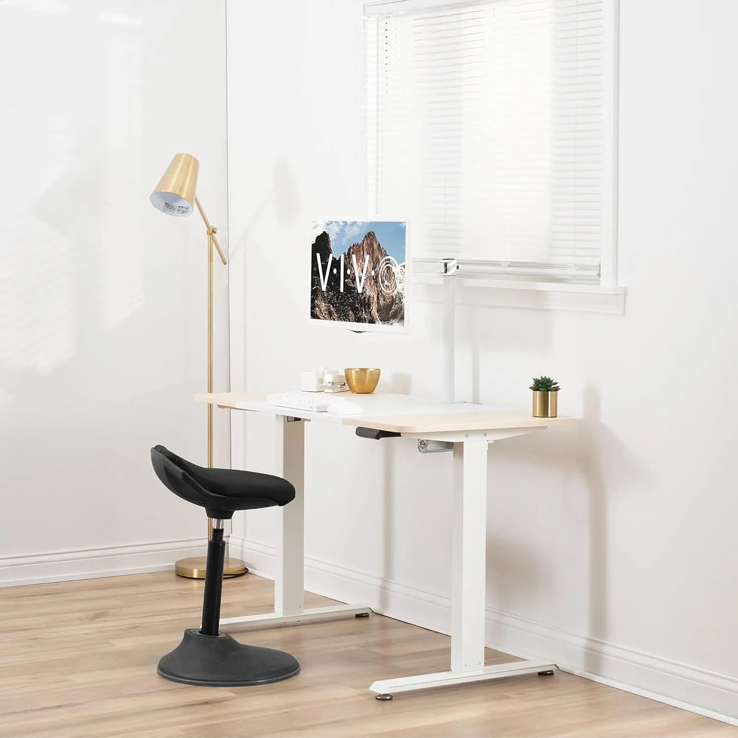 VIVO Electric 47 x 24 in Standing Desk, Memory Height Adjustment, White and Light Wood, DESK-E144WC