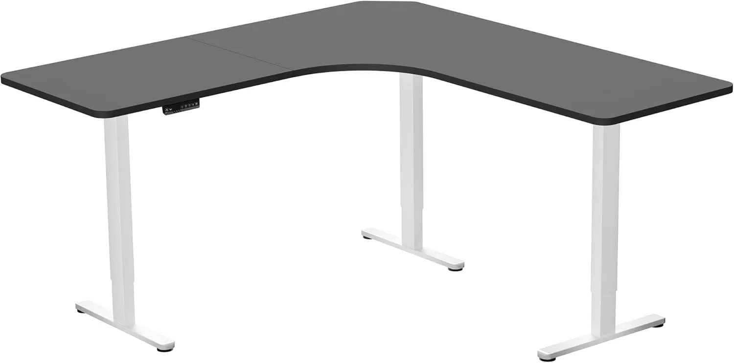 VIVO Electric Height Adjustable 71 x 71 inch Curved Corner Stand Up Desk, Black Table Top, White Frame, Memory Controller, L-Shaped Workstation, E3C Series, DESK-KIT-E3CWB