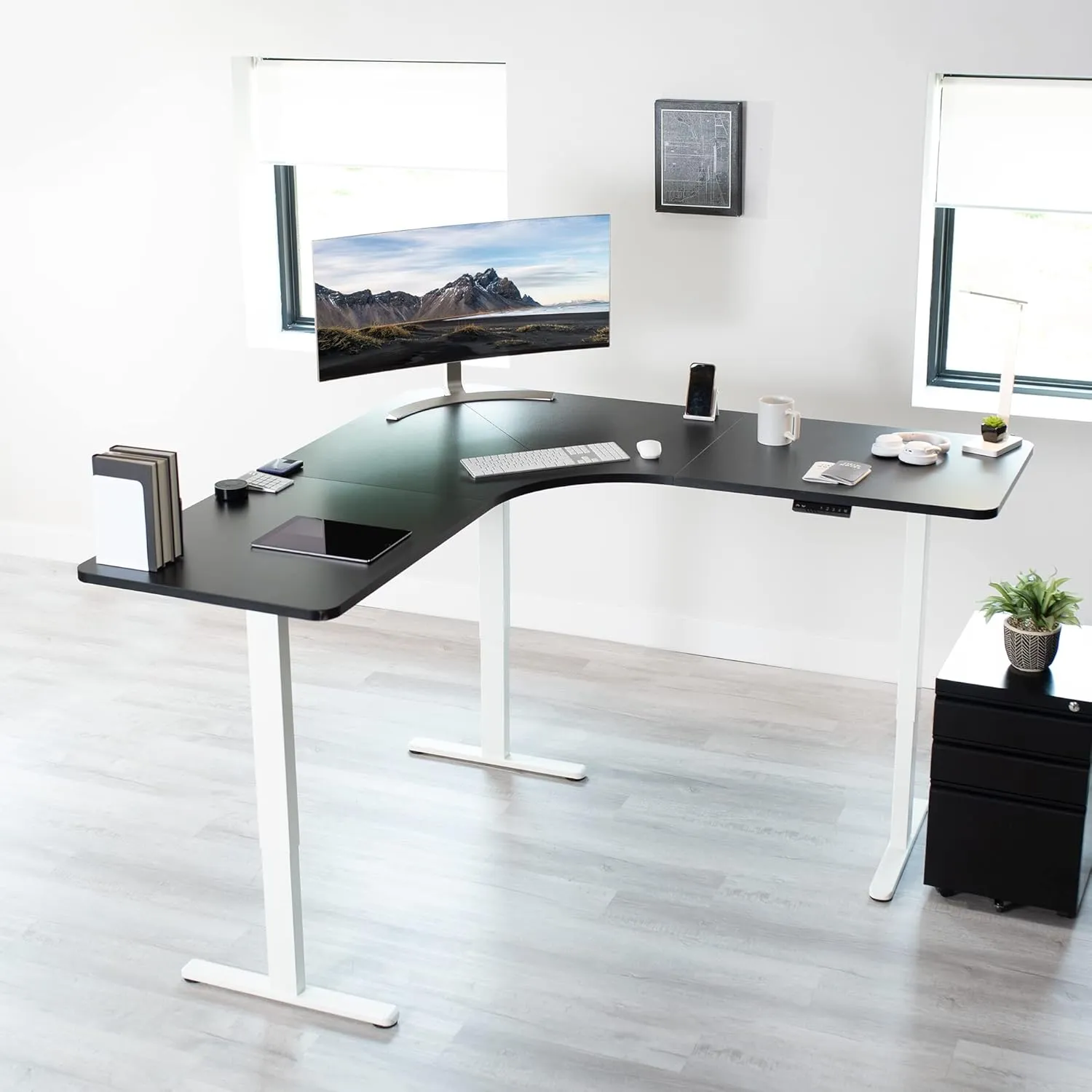 VIVO Electric Height Adjustable 71 x 71 inch Curved Corner Stand Up Desk, Black Table Top, White Frame, Memory Controller, L-Shaped Workstation, E3C Series, DESK-KIT-E3CWB