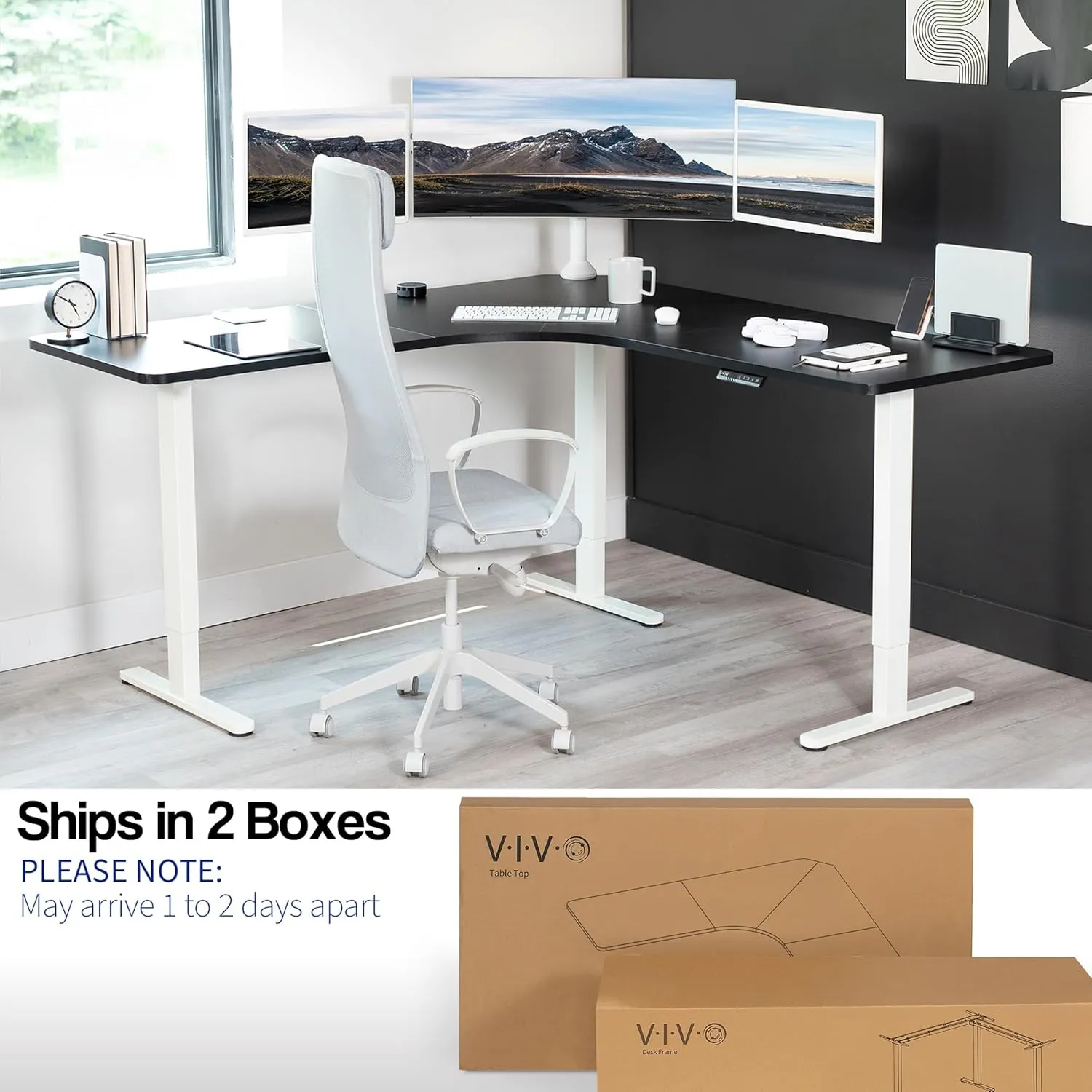 VIVO Electric Height Adjustable 71 x 71 inch Curved Corner Stand Up Desk, Black Table Top, White Frame, Memory Controller, L-Shaped Workstation, E3C Series, DESK-KIT-E3CWB