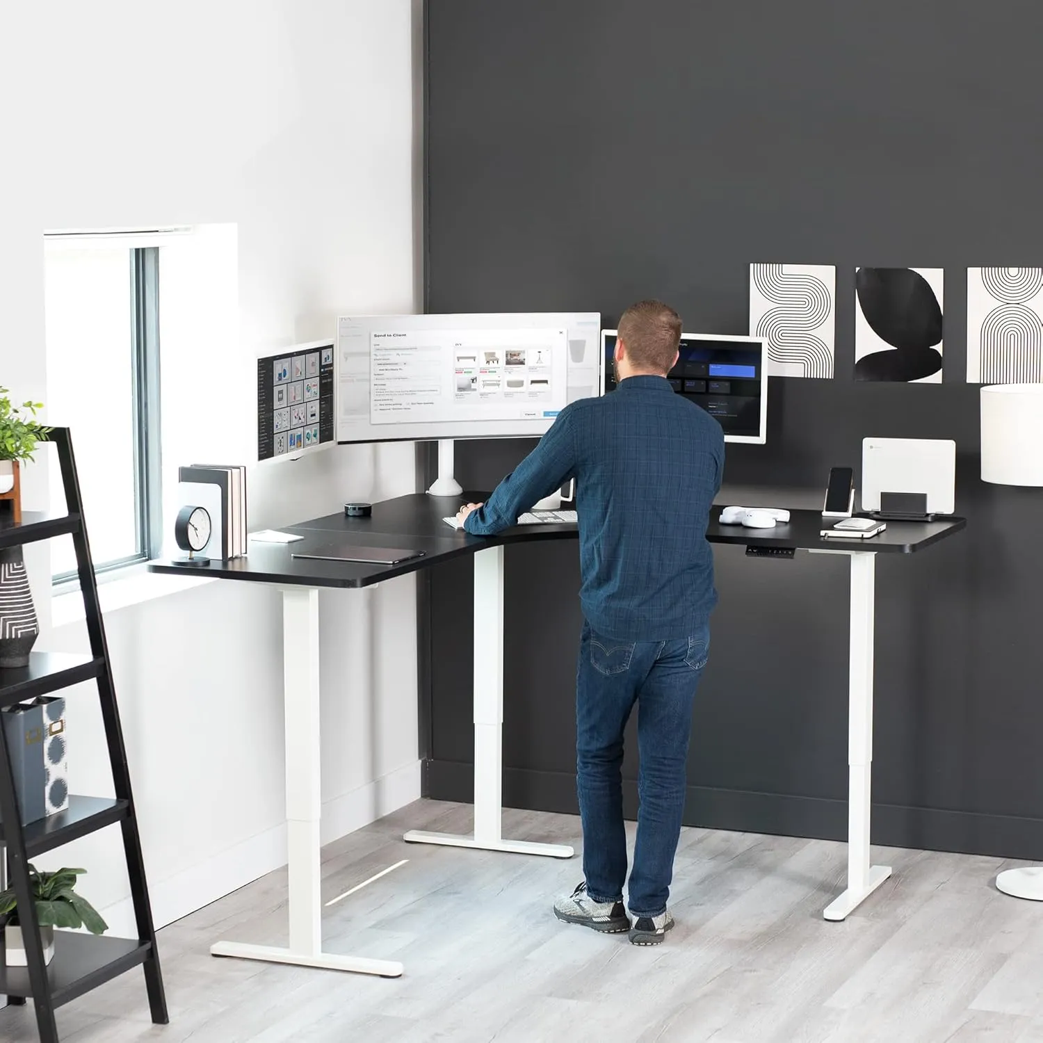 VIVO Electric Height Adjustable 71 x 71 inch Curved Corner Stand Up Desk, Black Table Top, White Frame, Memory Controller, L-Shaped Workstation, E3C Series, DESK-KIT-E3CWB