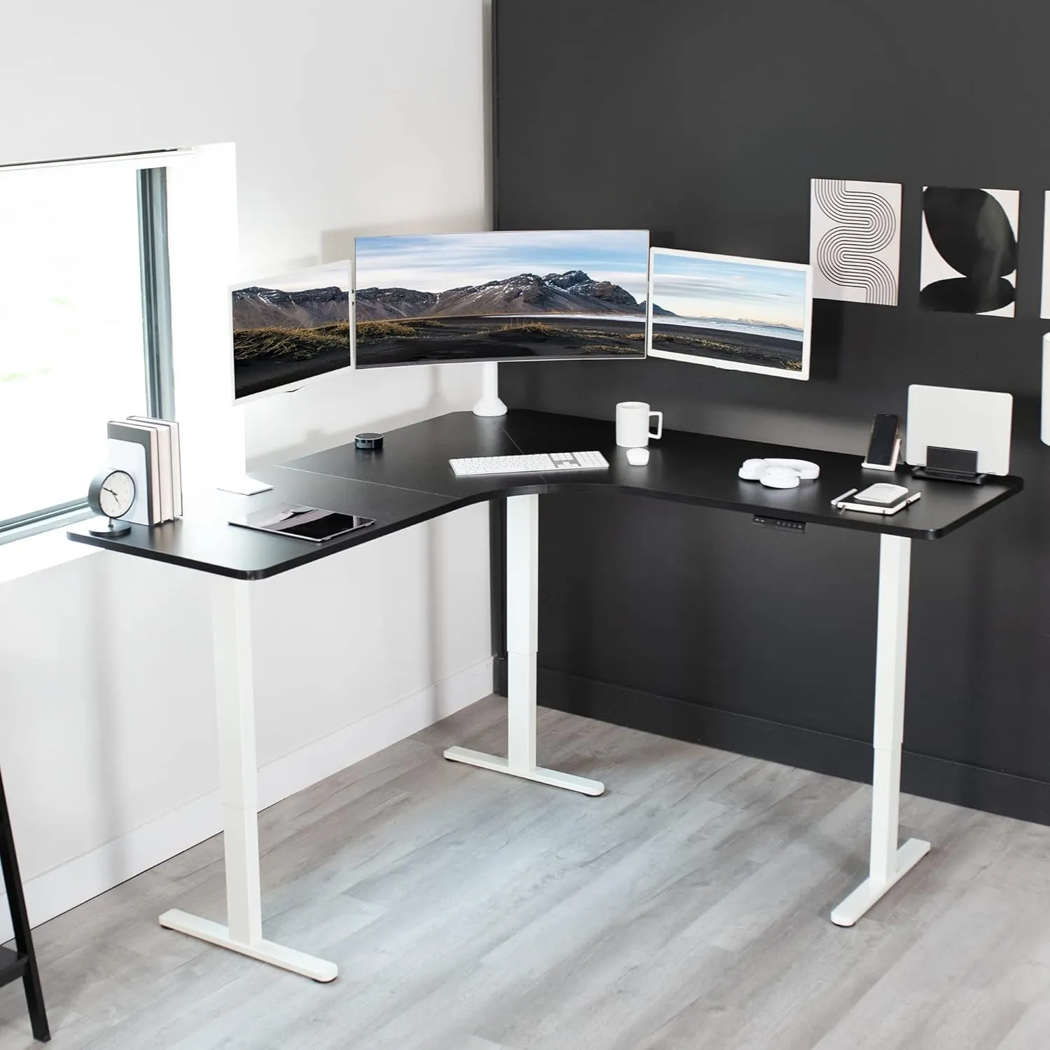 VIVO Electric Height Adjustable 71 x 71 inch Curved Corner Stand Up Desk, Black Table Top, White Frame, Memory Controller, L-Shaped Workstation, E3C Series, DESK-KIT-E3CWB