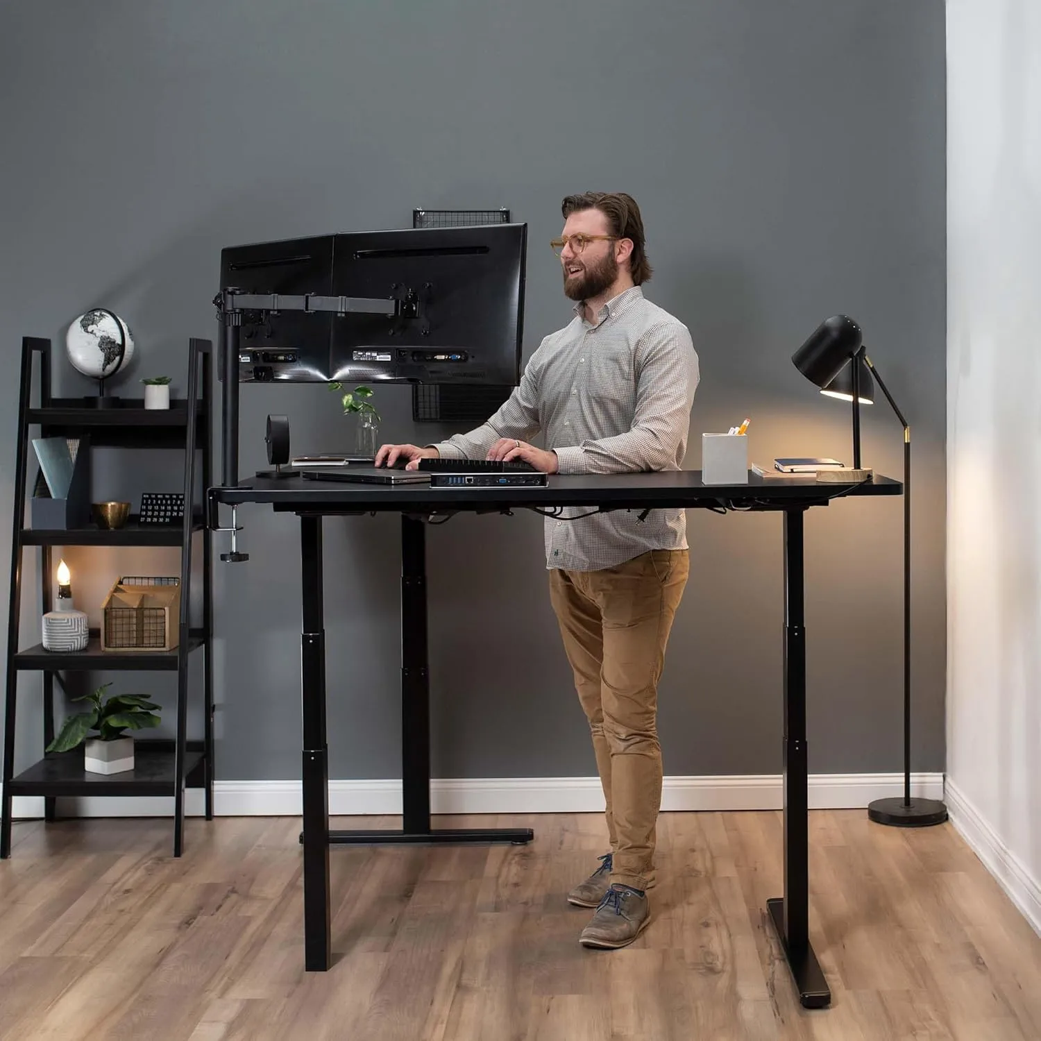 VIVO Electric Height Adjustable 83 x 60 inch Corner Stand Up Desk, 2 Dark Gray Solid Table Tops, Black Frame, Memory Controller, L-Shaped Workstation, 3E Series, DESK-KIT-3E8G