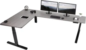 VIVO Electric Height Adjustable 83 x 60 inch Corner Stand Up Desk, 2 Dark Gray Solid Table Tops, Black Frame, Memory Controller, L-Shaped Workstation, 3E Series, DESK-KIT-3E8G