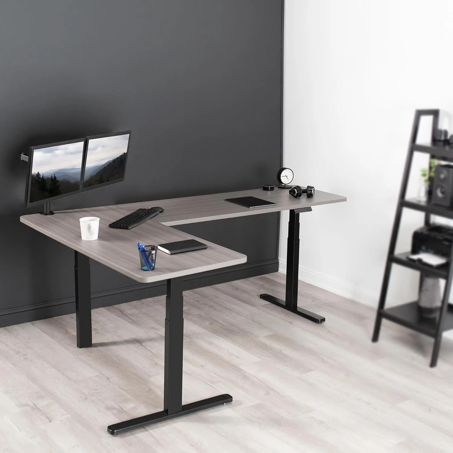 VIVO Electric Height Adjustable 83 x 60 inch Corner Stand Up Desk, 2 Dark Gray Solid Table Tops, Black Frame, Memory Controller, L-Shaped Workstation, 3E Series, DESK-KIT-3E8G