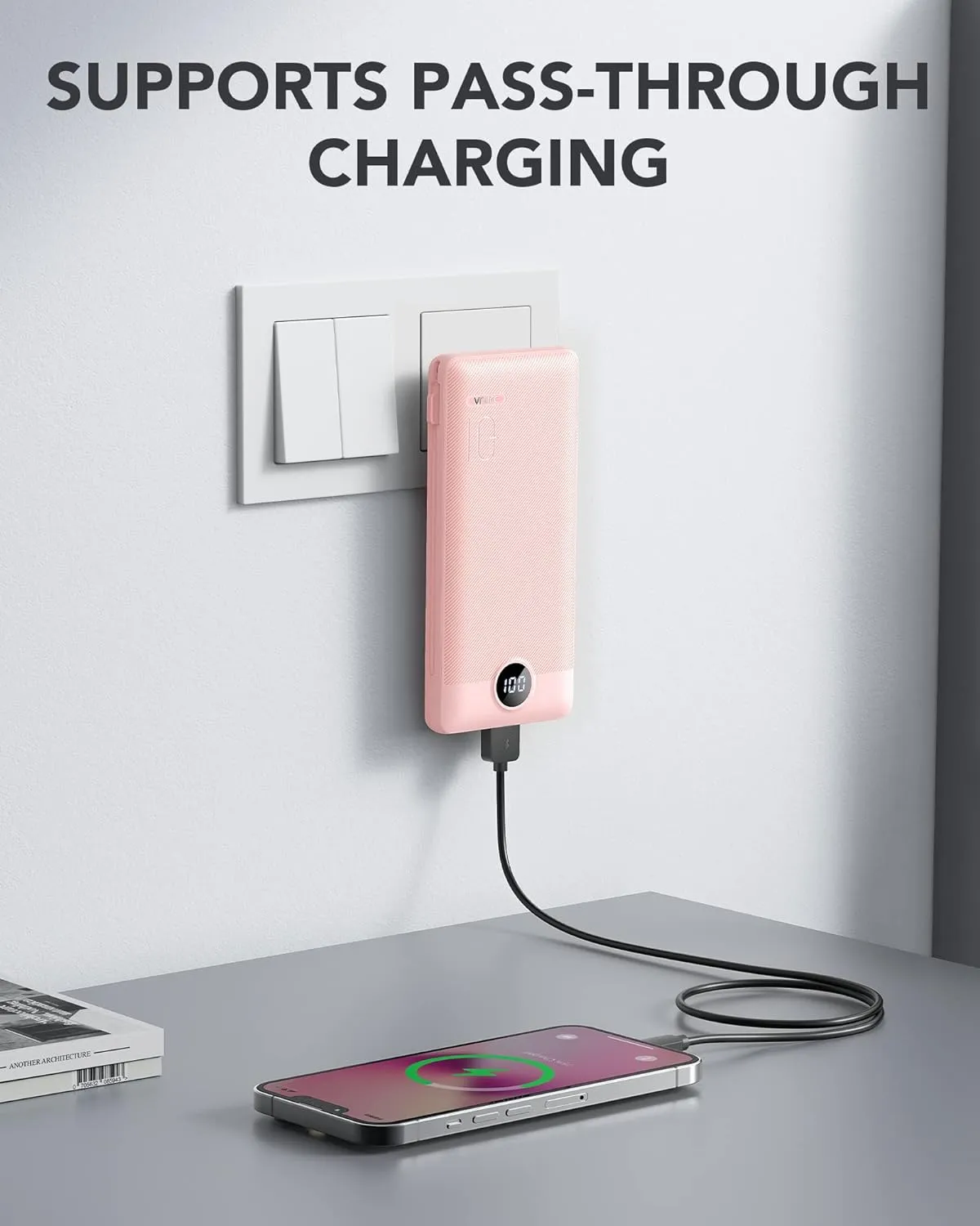 VRURC Portable Charger Built-in Cables and AC Wall Plug, USB C Power Bank 10000mAh, Travel Essentials Phone Charger Compact Lightweight External Battery Pack for Smart Phones, Tablets etc-Pink