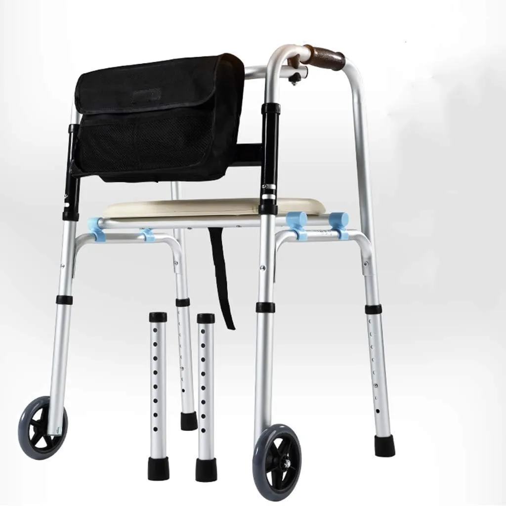 Walker,Lightweight Folding Walking Frame with 2 Wheel,Seat and Bag,Adjustable Height (Unwheeled) Everything is fine (Wheeled Bag)