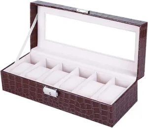 Watch Case,Elegant Large Watch Box Organizer for Men Women with 6 Slots, Transparent top, Portable Leather Watch Holder Mens Watches Case Storage Best for The Husband,