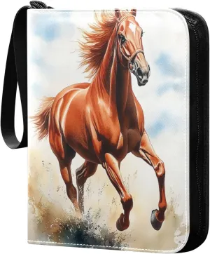 Watercolor Brown Horse Running Painting Cards Binder 4 Pocket Fits 400 Cards with 50 Removable Sleevesves, Trading Card Collector Zipper Album Holder Portable Card Games Display Storage Cases