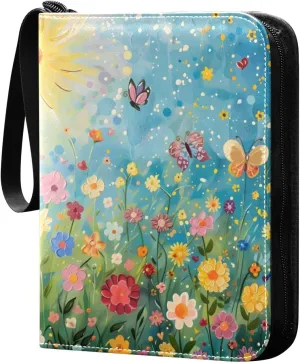 Watercolor Colorful Floral Butterflies Card Binder 4 Pocket Trading Card Binder Portable Cards Collection Book with Zipper