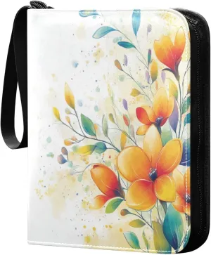Watercolor Floral Colorful Flowers Cards Binder 4 Pocket Fits 400 Cards with 50 Removable Sleevesves, Trading Card Collector Zipper Album Holder Portable Card Games Display Storage Cases
