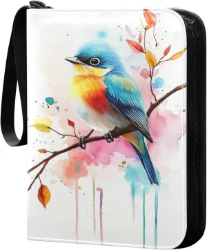Watercolor Painting Bird Branch Cards Binder 4 Pocket Fits 400 Cards with 50 Removable Sleevesves, Trading Card Collector Zipper Album Holder Portable Card Games Display Storage Cases