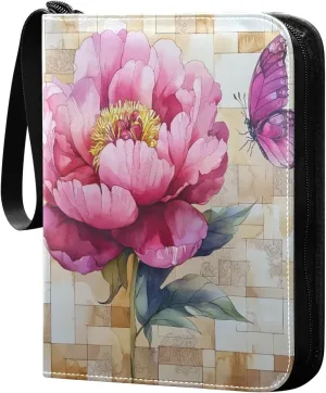 Watercolor Painting Pink Flower Cards Binder 4 Pocket Fits 400 Cards with 50 Removable Sleevesves, Trading Card Collector Zipper Album Holder Portable Card Games Display Storage Cases