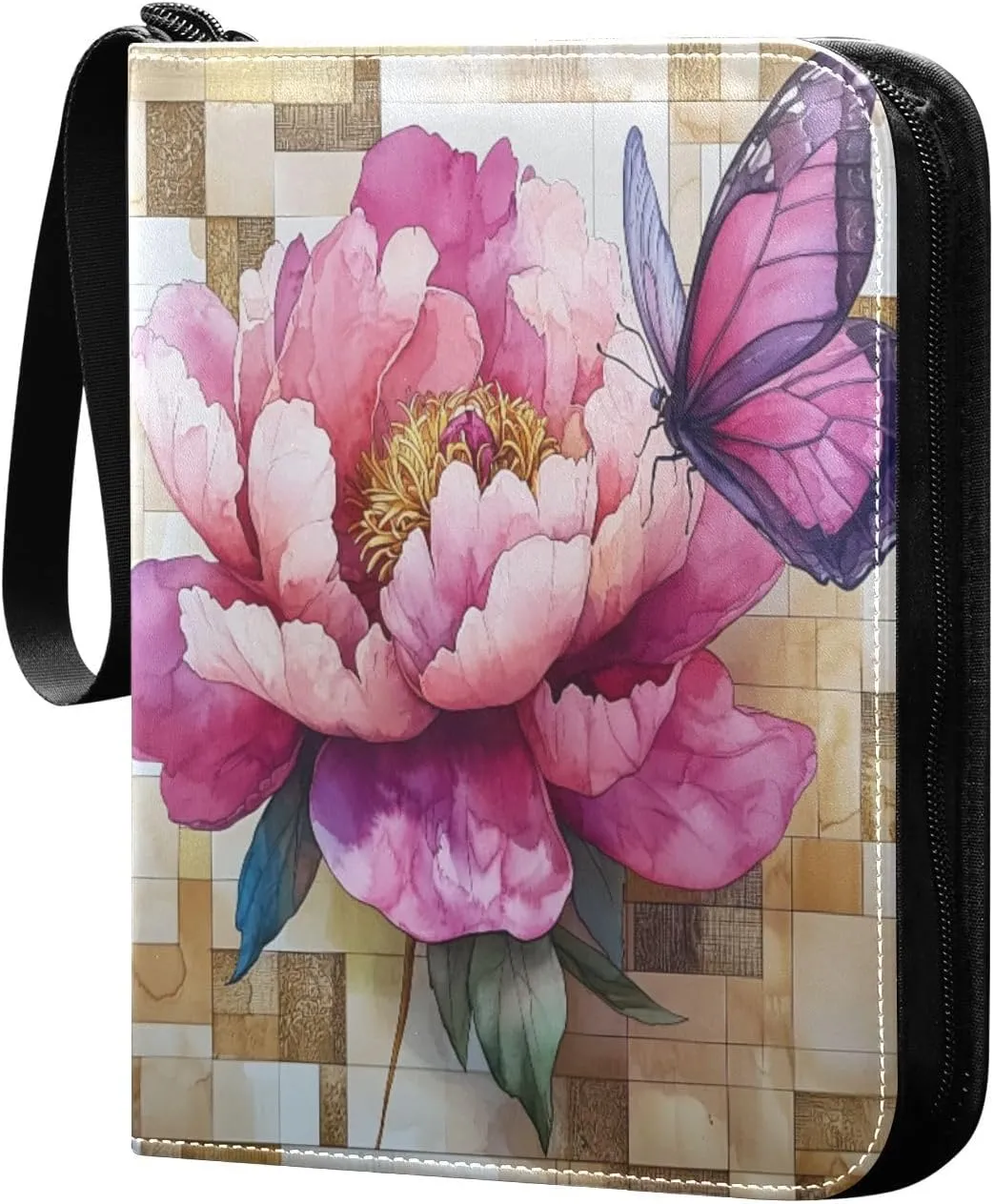 Watercolor Painting Pink Peony Flower Cards Binder 4 Pocket Fits 400 Cards with 50 Removable Sleevesves, Trading Card Collector Zipper Album Holder Portable Card Games Display Storage Cases