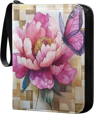Watercolor Painting Pink Peony Flower Cards Binder 4 Pocket Fits 400 Cards with 50 Removable Sleevesves, Trading Card Collector Zipper Album Holder Portable Card Games Display Storage Cases