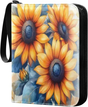 Watercolor Painting Sunflowers Cards Binder 4 Pocket Fits 400 Cards with 50 Removable Sleevesves, Trading Card Collector Zipper Album Holder Portable Card Games Display Storage Cases