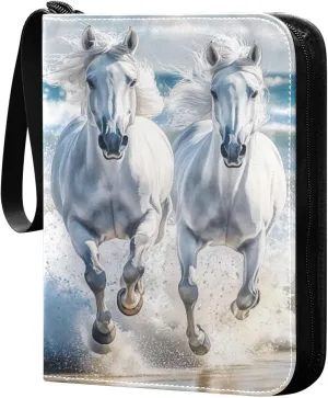 Watercolor Painting White Horses Running Cards Binder 4 Pocket Fits 400 Cards with 50 Removable Sleevesves, Trading Card Collector Zipper Album Holder Portable Card Games Display Storage Cases