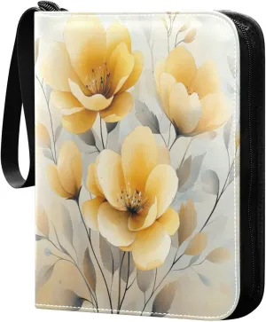 Watercolor Painting Yellow Floral Cards Binder 4 Pocket Fits 400 Cards with 50 Removable Sleevesves, Trading Card Collector Zipper Album Holder Portable Card Games Display Storage Cases