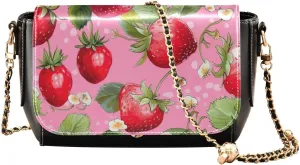 Watercolor Strawberry on Pink Women Leather Crossbody Bag, Leather Shoulder Bags, Leather Gifts for Women