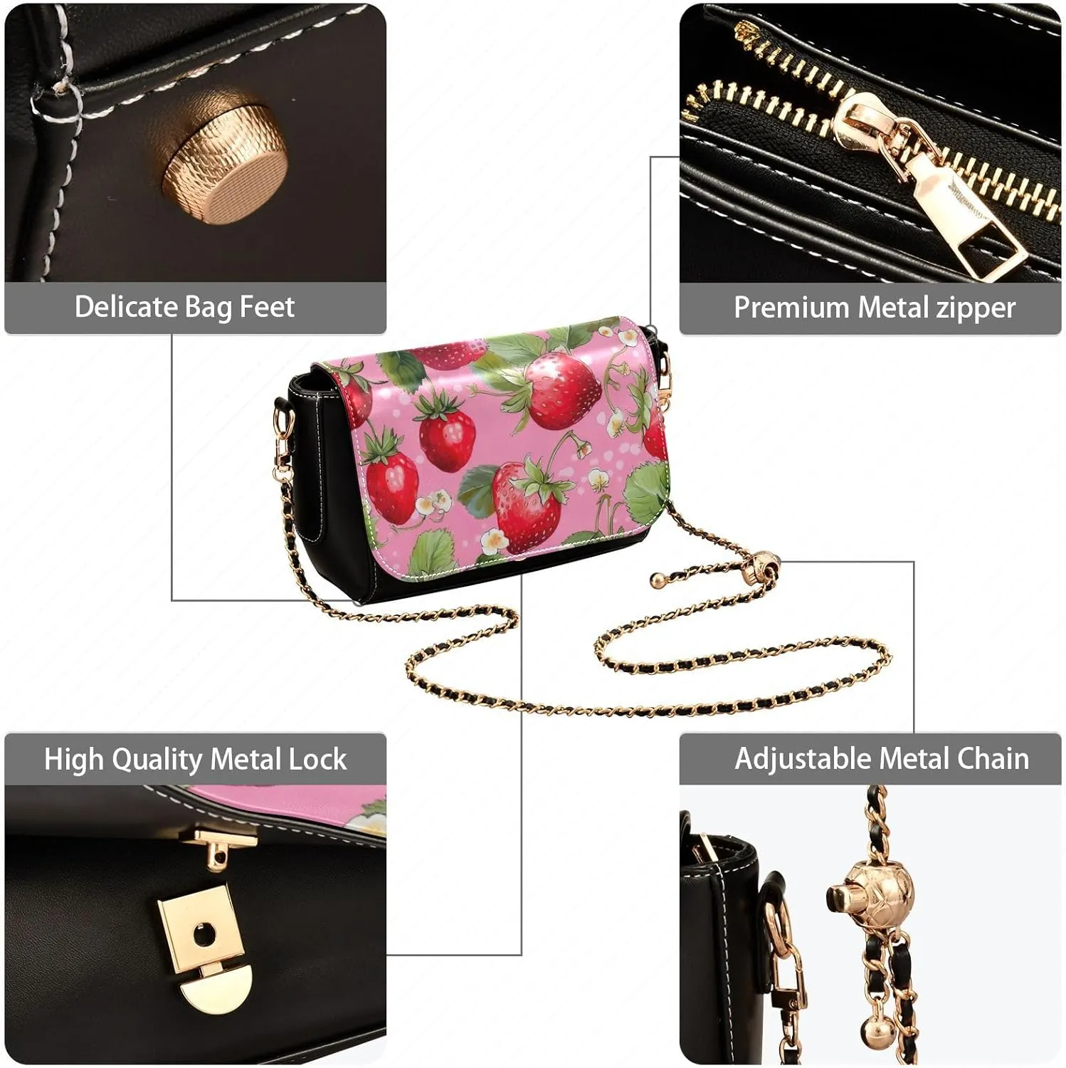 Watercolor Strawberry on Pink Women Leather Crossbody Bag, Leather Shoulder Bags, Leather Gifts for Women