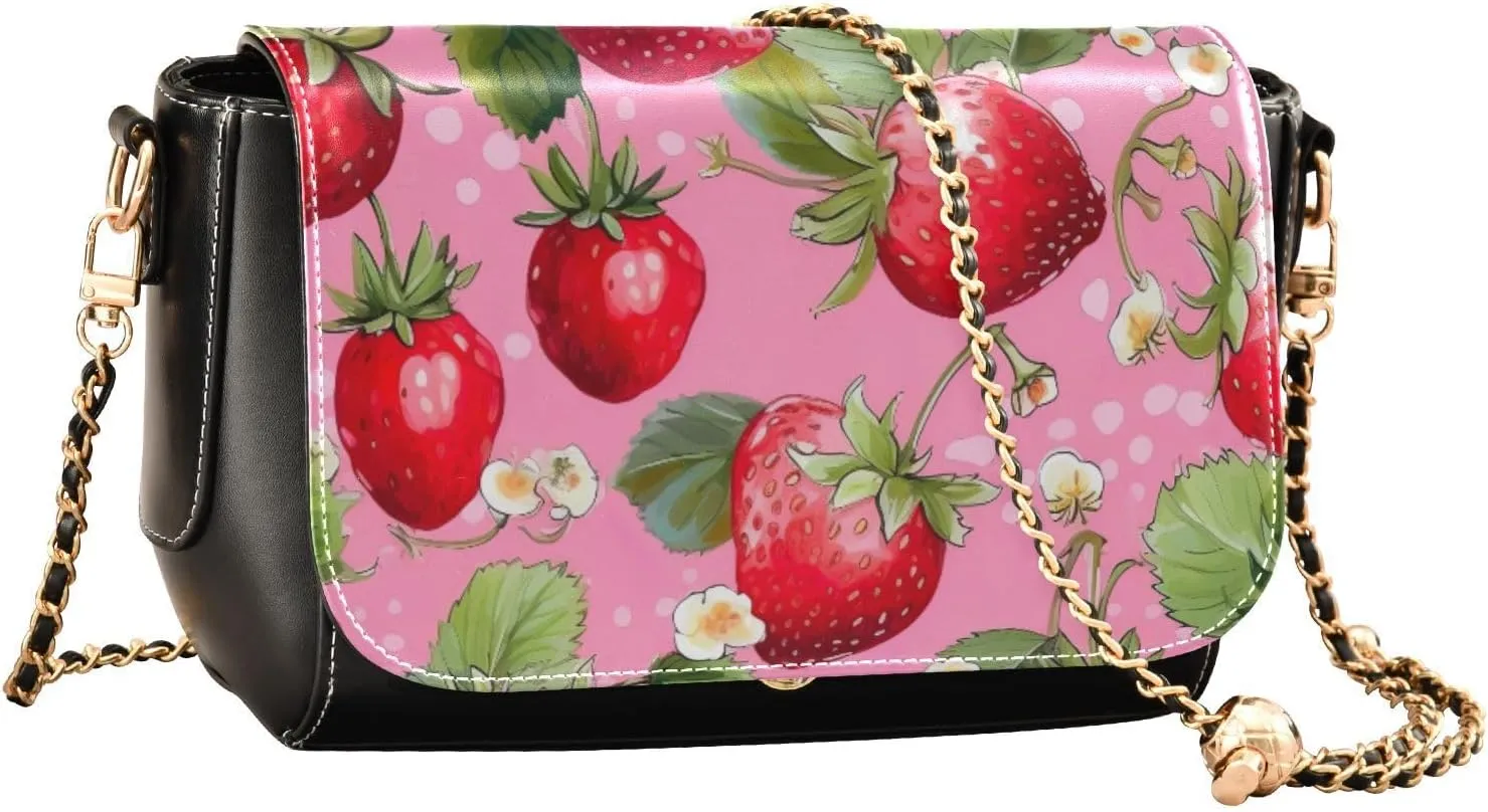 Watercolor Strawberry on Pink Women Leather Crossbody Bag, Leather Shoulder Bags, Leather Gifts for Women