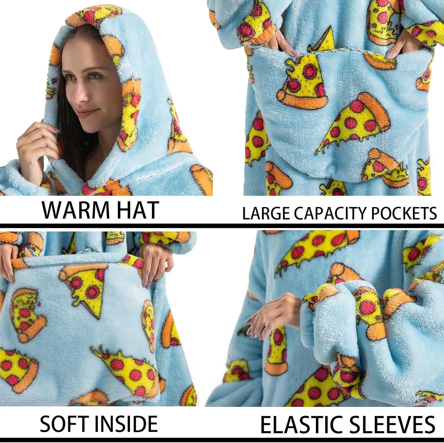 Wearable Blanket Hoodie Sweatshirt Soft Cozy Comfy Oversized Blanket With Pockets,Gifts For Women,One Size Fits All (Pizza, Adult)