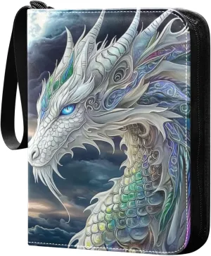 White Dragon with Colorful Scales Cards Binder 4 Pocket Fits 400 Cards with 50 Removable Sleevesves, Trading Card Collector Zipper Album Holder Portable Card Games Display Storage Cases